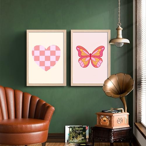 Image of NoWorries Pink Aesthetic Heart & Butterfly Wall Art Framed Painting Set | Cute Minimal Art Prints | Premium 300 GSM Paper Print with Synthetic Wooden Frame | Modern Wall Decor for Bedroom, Living Room, Girls Room & Studio (Set of 2) (NATURAL, ART-3, 10X13INCHES)