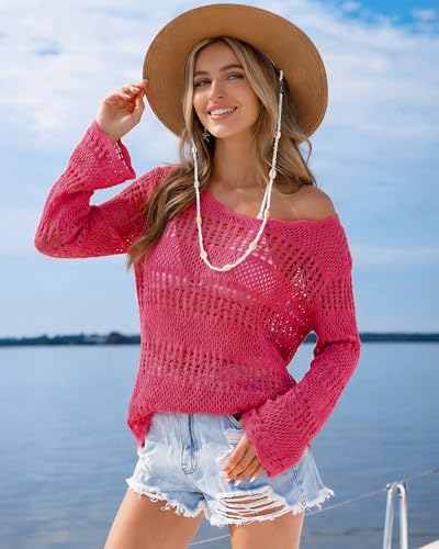 Image of Vivilli Women's Long Sleeve Sweaters Knit Summer Crochet Beach Cover Up Top | Off Shoulder Lightweight Sweater - Hollow Out Mesh Boho Tops - Loose Fit Swimsuit Coverup - Casual Vacation Resort Beach Wear