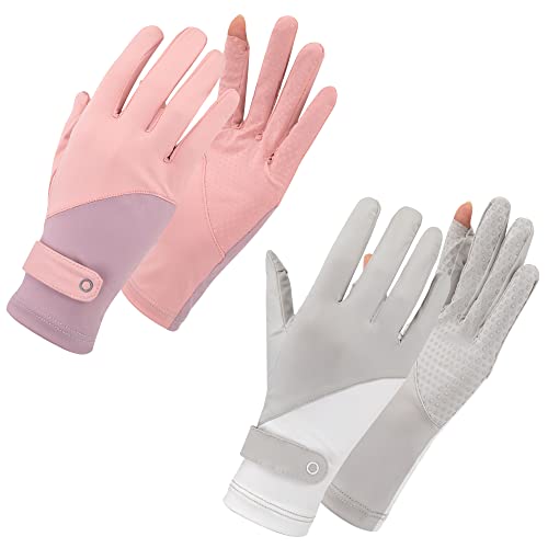Newellsail Guantes de Protección Solar UV para Mujer Guantes de Seda de Hielo de Verano Transpirables Guantes Antideslizantes de Pantalla Táctil Guantes para Golf, Conducción, Pesca (2 Pares)