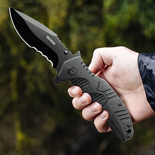 Tactiman Pocket Folding Knife Survival Gear Tactical Knife With Liner Lock Stainless Steel Blade In Black Oxidation G10 Handle Reversible Pocket Clip Gifts For Men Dad Husband #TOP4