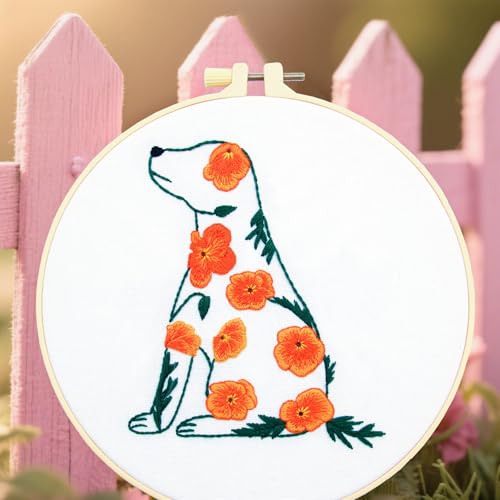 Image of Crafmanoe Flowers Dog Embroidery Kits for Beginners Adults, Hand Embroidery Starter Kits, Stamped Cross Stitch Kits DIY Needlepoint Kit for Beginners Adults, Embroidery Hoop, Thread and Video Tutorial