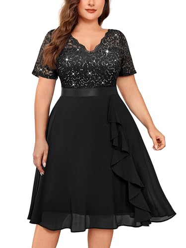 MISSMAY Women's Plus Size Sequins Lace Contrast Chiffon V Neck Flowy Cocktail Party Prom Midi Dress