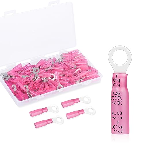 100 Pack Heat Shrink Ring Terminals - #10 - Red 22-16 AWG Marine Grade Heat Shrink Wire Connectors - Tinned Red Copper Eyelet Wire Connectors