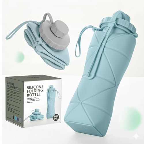 Image of SILENCIO Silicone Water Bottle 600 ml | Foldable Leak Proof Travel Bottle | BPA Free Reusable Drinking Bottle for Gym, Trekking, Camping & Outdoor Use (BLUE)