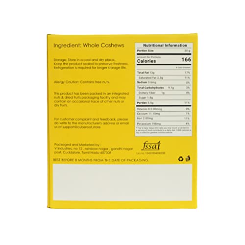 Image of Cube Root 100% Natural Whole Cashews 200g, W320 Grade (Medium size), Vacuum Pack, Dry Fruits