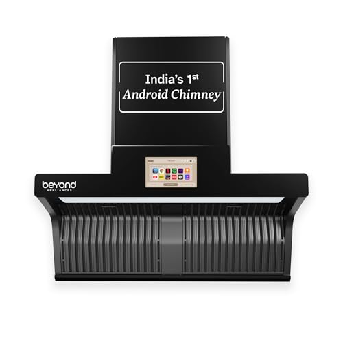 Beyond Appliances Orion 90cm Auto Clean Kitchen Chimney | 1600 CMH Suction | Filterless | Smart Touchscreen Display & Speaker | Baffle Plates | Touch Control | Black Finish.