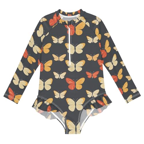 ALAZA Dark Butterfly Blue Girls One Piece Swimsuit Long Sleeve Rash Guard Swimsuits UV 50+ Swimwear Zipper