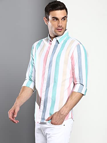 Image of Dennis Lingo Men's Striped Slim Fit Oxford Cotton Casual Shirt with Spread Collar & Full Sleeves