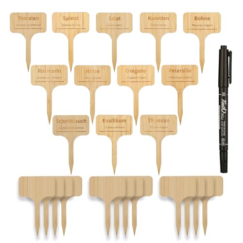 Worown 24 Stück T-förmiges Bambus Pflanzenschilder-Wetterfest, Inklusive Eins Stift zum Schreiben,12 Zufälliges Schreiben Pflanzenschilder zum Beschriften, und 12 Typen Kräuter Holz Stecketiketten