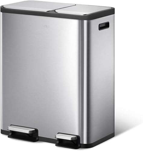 EKO EcoCasa - Basurero rectangular de acero inoxidable de doble paso para reciclaje, 30 L + 20 L, pedales y tapas independientes, cierre suave y