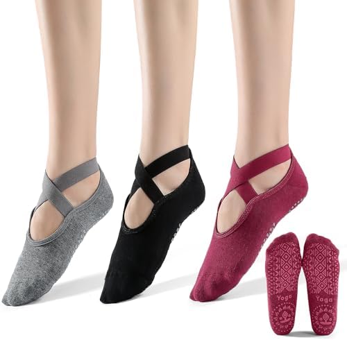 3 Pairs Grippy Yoga Socks for Women Non-Slip Grips, Pilates, Barre, Yoga, Pregnancy, Dance,Barefoot Workout, Hospital Socks.