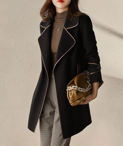 chouyatou Women's Winter Elegant Lapel Open Front Wool Coat Wool Blend Trench Pea Coat with Belt2