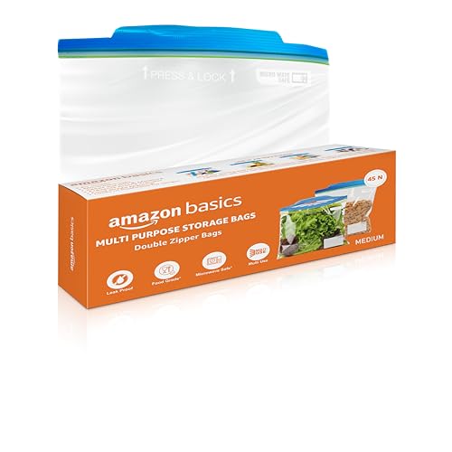 Amazon Basics - Multipurpose Zip Lock Storage Bags | 45 Bags | Medium | 26 x 28 cm | Reusable and Reclosable with Double Zipper | Material Plastic | L