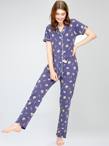 Image of ZEYO Night Suit for Women's Cookies & Cup Printed Cotton Night Dress of Shirt and Pajama Set 5752