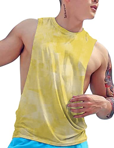 GYMAPE Uomo Giromanica Asciugatura Veloce Canotta per Bodybuilding Allenamento Camicie Muscolose Senza Maniche Giallo S