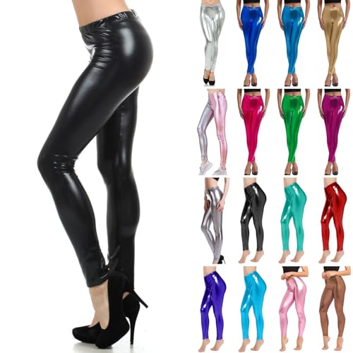 Legging pour femme - Argenté métallisé brillant - Pantalon années 80 avec taille haute - Legging brillant - Jupe de fête - Costume disco - Carnaval - Pantalon...
