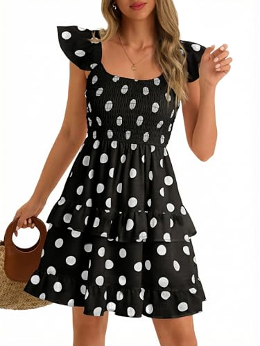 Image of Women Summer Dresses Casual Boho Smocked Ruffle Sun Beach Babydoll Mini Dress Layered Flowy Swing Dress