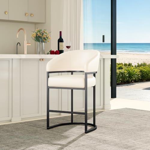 Butaco moderno alto para barra de 26 pulgadas, con brazos, asiento tapizado en cuero PU beige blanco, estructura metálica negra, soporte hasta 480 libras miniatura 1