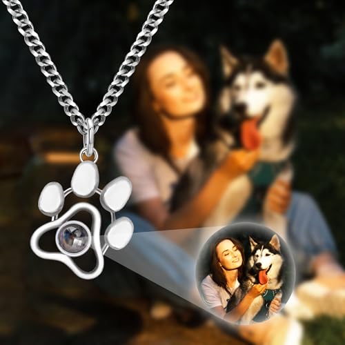 Personalisierte Bild-Halskette mit Katzen- und Hunde-Pfoten-Projektion für Memorial und Haustier