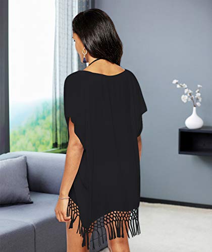 Chalier Womens Chiffon Tassel Beachwear Stylish Swimsuit Cover up, One Size, A-black