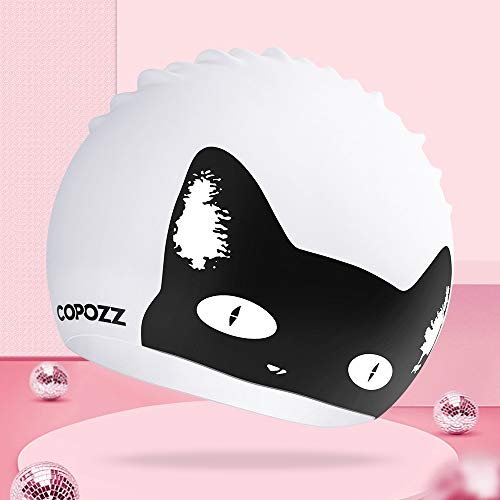 COPOZZ Swimming Cap for Men Women Adult Junior Unisex Waterproof Silicone Swimming Hat for Short/Long Hair (Black Cat) - Image 2