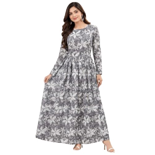 Grey Georgette Fabric no Transparency Umbrella Pattern Floral Print Gown Bishop Sleeves with Elastic Cuffs Gown-image-44