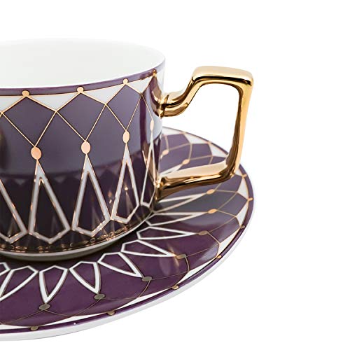 Tea Coffee Cups - 7.4Oz Bone China Ceramic, Beautiful Matte Glazed Tea Cup With Saucer And Spoon - Purple #TOP3