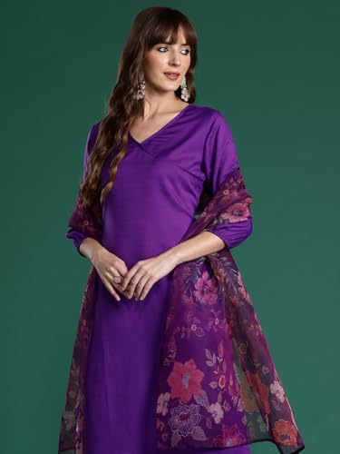 Image of INDO ERA Women's Straight Cotton Blend Solid Solid Kurta & Pant with Dupatta Set (IESTR10631)