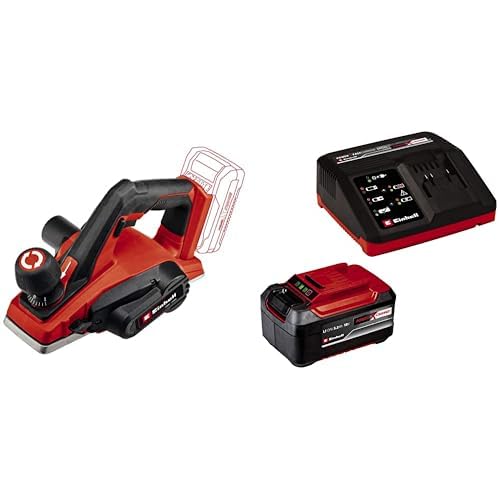 Einhell Cepillo con batería TE-PL 18/82 Li-Solo Power X-Change (18 V, iones de litio, profundidad de pasada hasta 2 mm, gran eje de cuchilla, zapata de sujeción automática,)+ Starter Kit 5,2Ah
