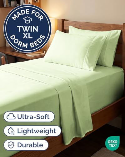 Image of Extra Deep Twin XL Sheet Set - 4 Piece Cooling Sheets - Light Sage Green | Hotel Luxury Bed Sheets Set, Easy & Secure Fit, Ultra-Soft, Wrinkle & Fade Free, Comfy Sheets Set with Extra Deep Pockets