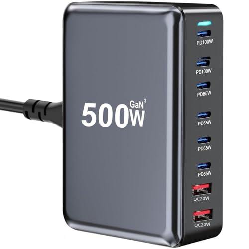 Image of TECHBLAZE 500W GaN 3 Super Fast Charger Adapter, 8-Port (2 USB A+ 6 Type- C) with PD Technology, Universal for iPhone, Android, MacBook, Type-C Laptops, Compact Multi-Device Charging Solution.