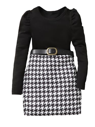 Floerns Girl's Ribbed Knit Puff Long Sleeve Patchwork Houndstooth Mini Dress