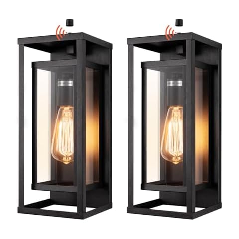 mirrea 14" Dusk to Dawn Outdoor Wall Sconce 1 Light in Matte Black Rectangular Metal Frame and Clear Glass Shade Waterproof Porch Light Patio Light Pack of 2 Cover