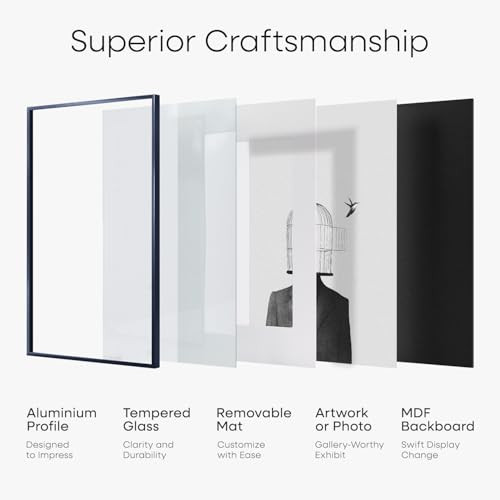 Image of Homeforia 11x22 Newspaper Frame Navy Blue, High End Metal 11 x 22 Picture Frame without Mat, 22x11 Thin Navy Blue Poster Frames for Wall, 11by22 Display Photo Frame, Tempered Glass, Wall Kit, Set of 2