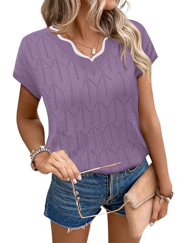Image of WIHOLL Womens Summer Tops Cap Sleeve Sweater V Neck Shirts Beach Vacation Clothes Business Casual Fashion Clothing