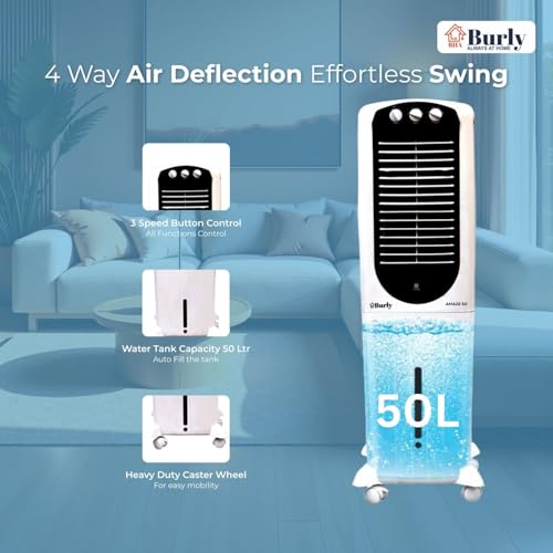 Image of BHABURLY Amaze 50L Tower Air Cooler for Home | 6-Inch High-Speed Blower | 1400 CMH Air Delivery | Honeycomb Cooling Pads | 1350 RPM Motor | 1-Year Warranty | Elegant Design