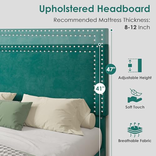 Image of VECELO Full Size Platform Bed Frame with Height Adjustable Upholstered Headboard, Modern Mattress Foundation,Strong Wood Slat Support, No Box Spring Needed, Easy Assembly,Dark Green