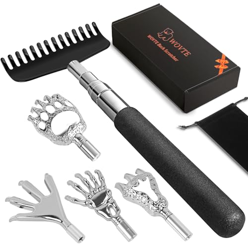 WOVTE Raspador de costas extensível para homens e mulheres com 5 cabeças de raspar removíveis, enchimentos de meias para adultos, homens, Dia do Pai, Dia da Mãe, aniversário, presentes de