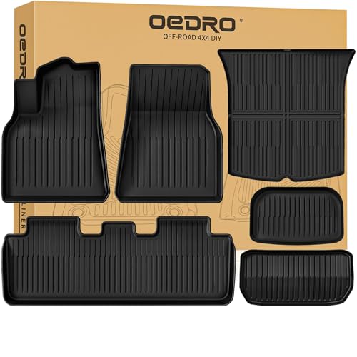 OEDRO Floor Mats Fits for Tesla Model Y 5-Seater 2024-2020 Custom Fit All Weather TPE Automotive Interior Cargo Liners Trunk Mats Accessories for Model Y (NOT for Model Y Juniper) 6 Pcs Mats Set