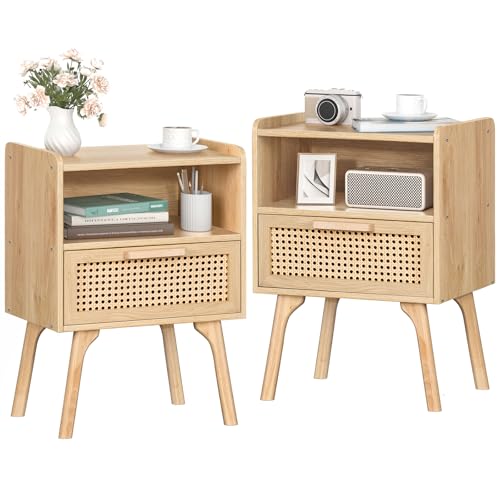 LELELINKY Lot de 2 Tables de Chevet en rotin bohème - Petite Table d'appoint en Bois avec tiroir et étagère Ouverte - Table de Chevet avec Pieds en Bois Massif - pour Salon, Table Basse, Chambre à