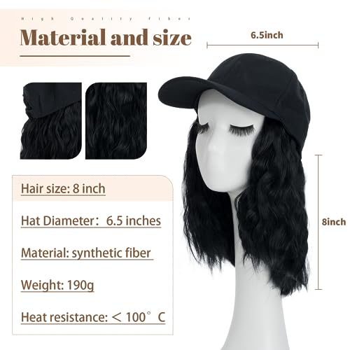 8 Inch Baseball Cap With Hair Extensions BOB Synthetic Hair With Attached Black Hat With One Piece Hair Extensions For Women - Image 2