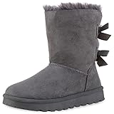VAN HILL Damen Warm Gefütterte Winter Boots Stiefeletten Bequeme Kunstfell Schuhe Flache Schleifen Stiefel Profilsohle Booties 209777 Grau 39