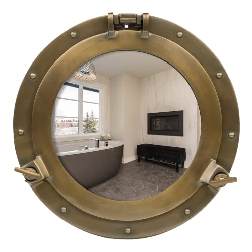 inanosa 10 Inch Antique Brass Porthole Mirror Boat Frame Port Hole Decor Vintage Nautical Ship Mirror for Coastal Wall & Antique Decor