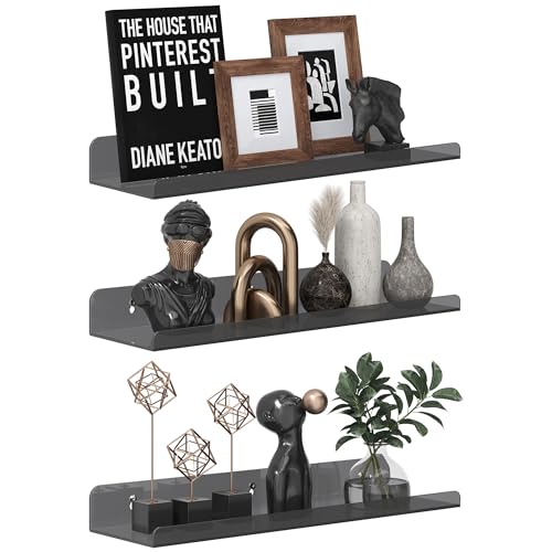 Image of Qukaka Floating Shelves for Wall Decor, 15 inch Wall Shelves for Bedroom, Living Room, Kitchen, Bathroom Decor, Nail Polish /Book /Decoration /Makeup /Perfume Organizer Floating Shelf-3Pack Clear Black