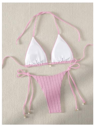 GORGLITTER Women's Lace Bikini Set Striped Bow Two Piece Swimsuit Halter Triangle Top Ring Linked Bathing Suit2