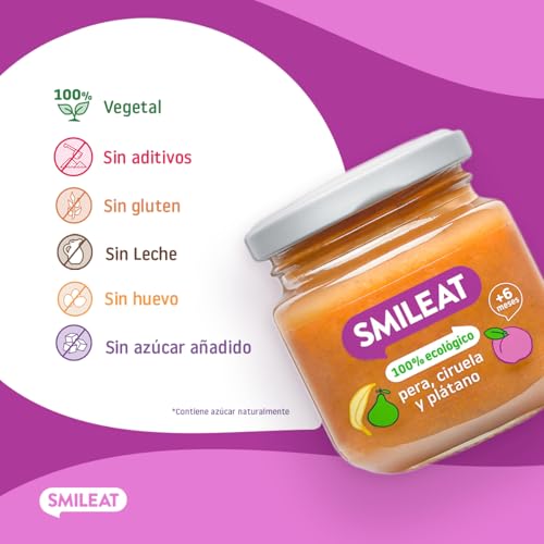 Miniatura 4 de Smileat - Tarrito De Frutas Ecológicas Con Pera, Ciruela Y Plátano Para Peques 6 Meses - Sin Azúcar Añadido, Sin Sal, Sin Leche, Sin Huevos - 130g