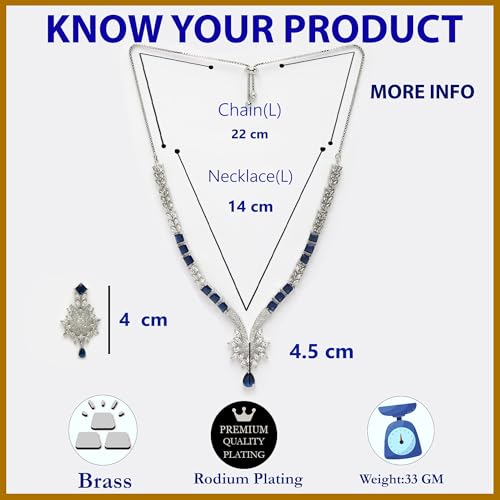 Image of ZENEME Rhodium Plated Brass Silver Toned Floral & Tear Drop Blue Crystal American Diamond Necklace With Earring Jewellery Set For Women