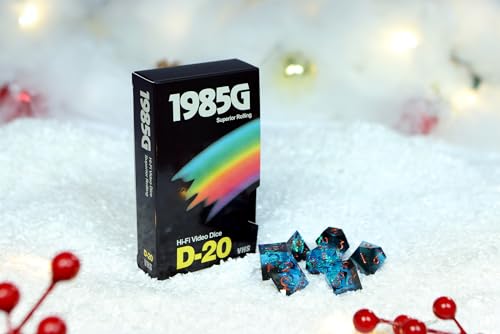 Image of 1985 Games Sharp Edge DND Dice Set - Starstorm Polyhedral Dice in Retro VHS Box - 5E TTRPG Dice Set - Tabletop RPG Accessory (Set of 7)
