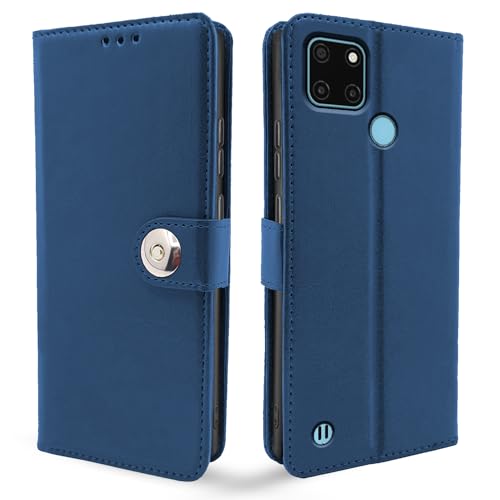 Image of Pikkme Realme C21y Flip Cover Leather Finish | Inside TPU with Card Pockets | Wallet Stand and Shock Proof | Complete Protection Button Flip Case (Blue)