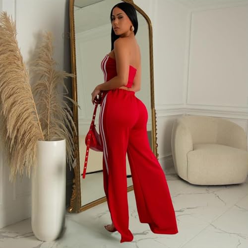 Women's Fashion 2 Piece Going Out Outfits Sexy Bodycon Tube Crop Top Drawstring Wide Leg Flared Long Pants Set4